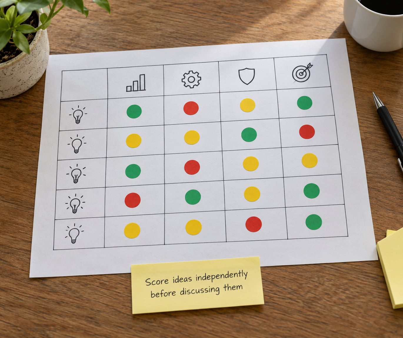 Score ideas independently before discussing them